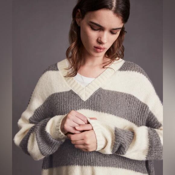 AllSaints Lou Sparkle Jumper Metallic Stripe V Neck Oversized Womens Size S - Picture 2 of 11